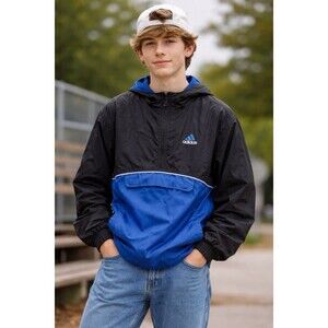 Vintage Adidas Windbreaker Youth XL 18 Black Blue 1/4 Zip Pullover Y2K